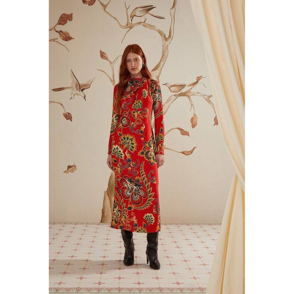 Farm Rio Floral Print Long Sleeve Midi Dress Red Blue Yellow Mandarin Collar
